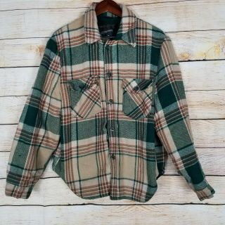 Vintage Jc Pennys Wool Hunting Barn Jacket Size L Green And Tan Plaid Button Up