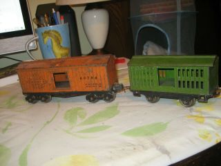 Lionel,  2 Prewar Freight Cars,  Orange Box With Sliding Doors,  & Green Stock Car