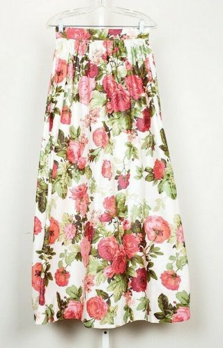 Vintage 80s Skirt White Pink Roses Floral Print Long Maxi Misses S 26 " Waist