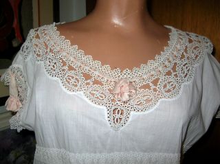 Antique Victorian Ladies White Cotton Night Gown W/ Hand Tatted Lace Yoke M - Larg