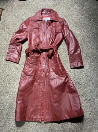 Vintage 70s 80s Women Suburban Heritage Red Leather Belted Trench Car Coat Sz 8