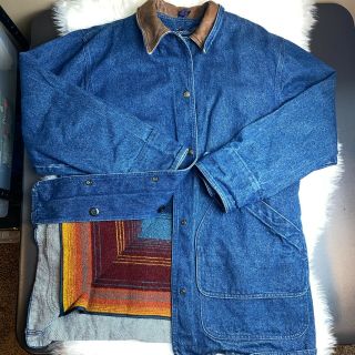 Vtg The Woolrich Woman Sz M Denim Jean Chore Coat Wool Multicolor Blanket Lined