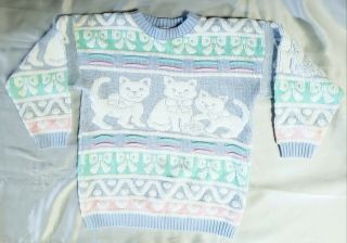 Vtg Rose Pastel Sparkly Fairy Kei Kawaii Kitty Cat Sweater 80s 90s Knit Size M/l