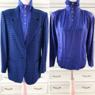 Vintage Christian Dior 10 Blue Houndstooth Blazer & Silk Blouse Minor Flaws 1980