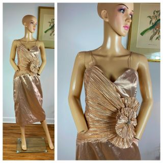 Vtg 80s Party Prom Metallic Peach Lame Glitter Dramatic Trophy Dynasty Dress M