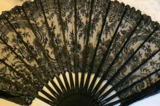Lg 27 " 1890s Black Lace Carved Ebony Victorian Mourning Fan Large