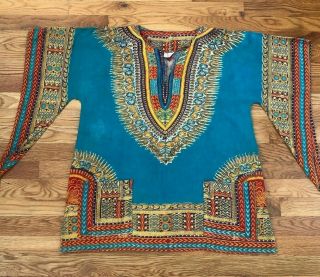 Vintage C.  1960 African Print Dashiki Garment Top - Turquoise - Size Medium
