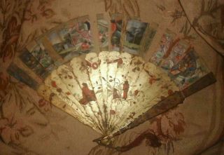 19th Century Antique Chinese Fan Hand Painted Gilt Wood W Bone Faces