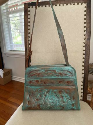 Vintage Leather Tooled Turquoise Bag Purse Made In Mexico