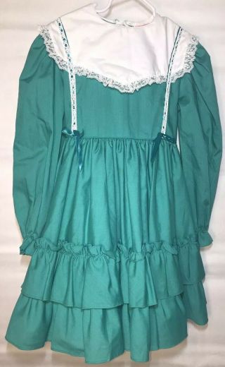 Vintage Martha’s Miniatures Ruffle Dress Girl’s 6x Green Teal White Lace Collar