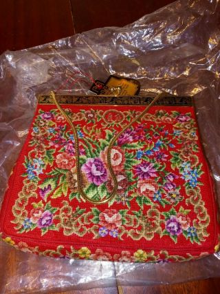Antique Petit Point Needlepoint Floral Evening Bag Purse With Chain