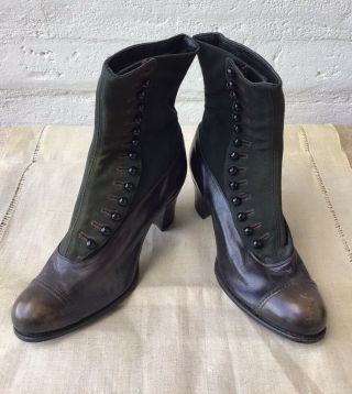 Antique Edwardian Womens Black Leather High Top Button Boots Shoes Victorian Old