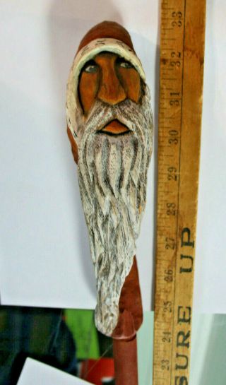 Santa? Wooden Carved Walking Stick Hand Painted 57 " Wow Look Jsh