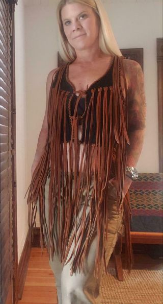 Vintage 60s 70s Black Brown Suede Leather Fringe Vest Crop Top S M Hippie Hippy