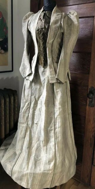 Antique Dress 1890 Victorian Bodice Skirt Linen/silk Fabric W Velvet