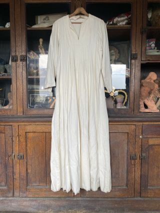 Vintage Women’s 60s 70s White Canvas Cotton Peasant Style Maxi Boho Dress Cotton