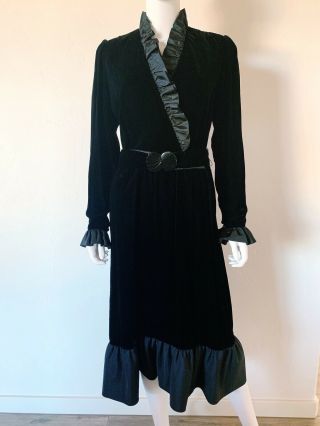 Ursula Of Switzerland Vntg Black Velvet Ls Dress Ruffle Trim Belt Size M/l 11/12