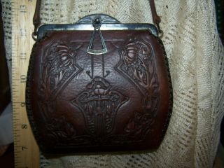 Antique Arts & Crafts Hand Tooled leather Purse W/Turnlock Art Nouveau 1915 2