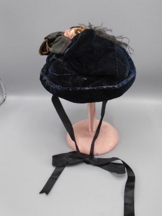 Antique Hat For Bisque Dolls Med - Large Sized Blue & Brown Velvet Feathers