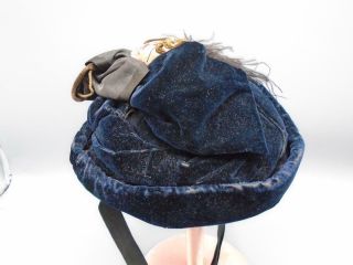 Antique Hat for Bisque Dolls Med - Large Sized Blue & Brown Velvet Feathers 2
