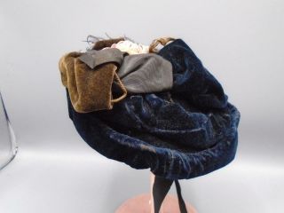Antique Hat for Bisque Dolls Med - Large Sized Blue & Brown Velvet Feathers 3