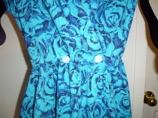 Vtg 50s Cotton Wrap Day Dress Lee Wentley Wentworth Turquoise Blue Roses Sz S 2