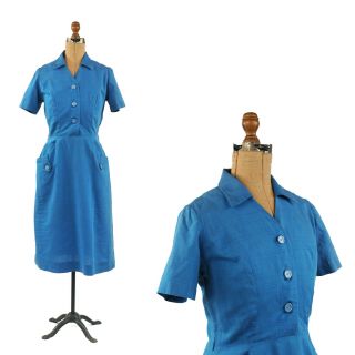 Vintage 50s Blue Soft Rayon Short Sleeve Hourglass Mid Century Day Dress M