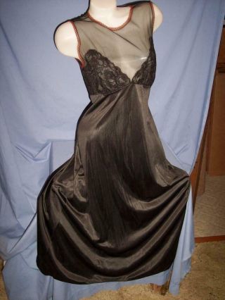 Vtg " Sears " Black Sheer Chiffon/lace & Satin - - Long Nightgown Sz: 36