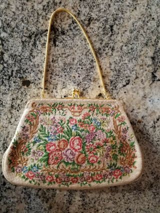 Vintage Needlepoint Micro Petit Point Embroidered Floral Kiss Lock Handbag Purse