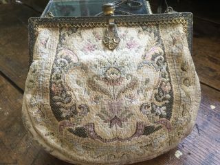 Antique Vintage Tapestry Purse Evening Bag Floral Motif Amethyst Color Stone