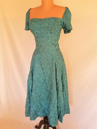 Frances Prisco? 1950s Vintage Blue Embroidered Dress Fit & Flare Square Neck