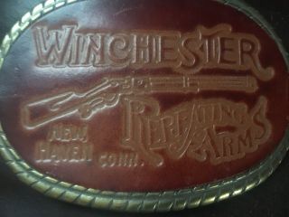 Vintage 1970s Winchester Gun & Firearm Stamped Leather On Brass Belt Buckle
