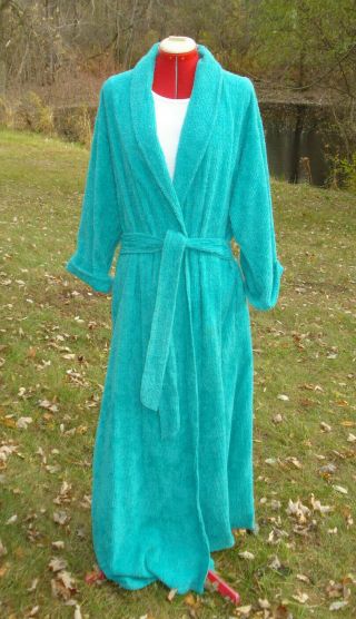 Vintage Aqua Blue Chenille Robe Bathrobe Sz L
