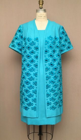 Vtg 60s Mid Century Mod 2 Piece Dress Coat Set Turquoise Cutwork Mrs.  Maisel S