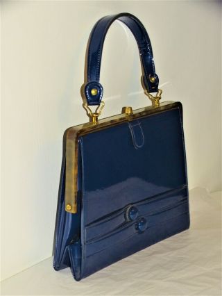 Mod Vintage 1950s Margolin Navy Blue Patent Leather Hand Bag With Lucite Frame