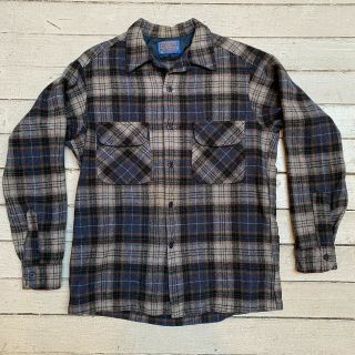 Vtg 60s Pendleton Gray Navy Blue Plaid Wool Loop Collar Shirt Button Up Med 15
