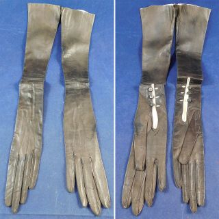 Unworn Victorian Black Kid Leather Long Mousquetaire Evening Opera Gloves Vtg