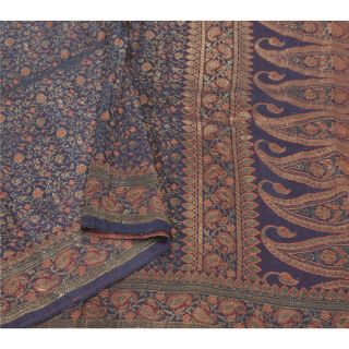 Sanskriti Vintage Dupatta Long Stole Pure Satin Silk Blue Woven Brocade Scarves