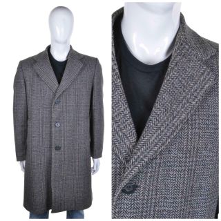 Vintage 60s/70s Tweed Wool Overcoat L Grey Checked Trench Coat Mod Crombie