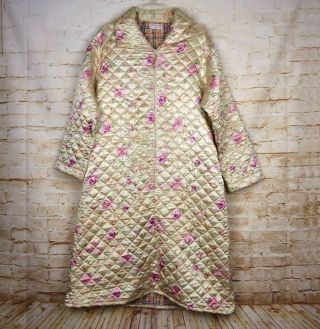Vintage 1950s - 60s Satin Quilted Half Zip Nightgown Robe Ivory Floral Sz M/l Flaw