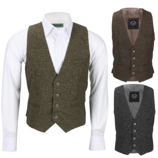 Mens Vintage Oak Brown,  Grey Tweed Wool Waistcoat Smart Casual Tailored Fit Vest