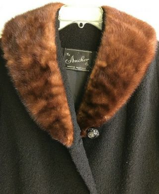 Vintage Mid Century 1950s 60s Black Wool Boucle Fur Collar Coat Jacket Euc