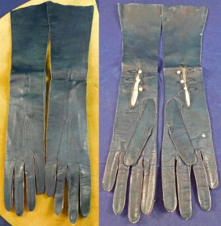Vintage Unworn Navy Blue Kid Skin Leather Long Elbow Length Opera Gloves Size 7