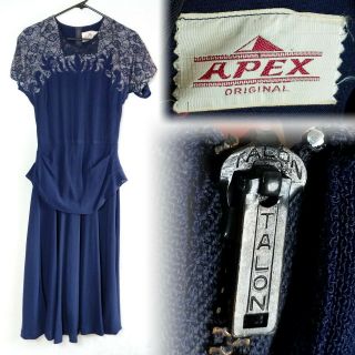 Vintage 1940s 1950s Blue Lace Shoulder Semi Sheer Dress Gown 6