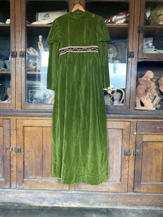 Vintage Women’s 60s 70s Moss Green Velvet Boho Maxi Dress Floral Hippie