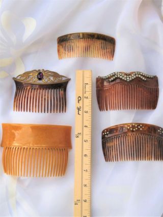 Five Vintage Tortoise Shell Hair Combs,  Jeweled & Rhinestones