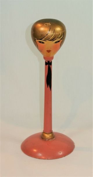 Vintage Wood Hat Stand Painted Lady Head Pink And Gold