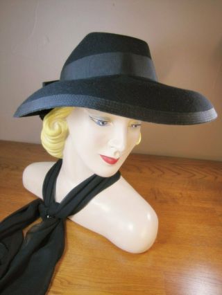 Vintage 1930s 1940s Black Wool Felt Wide Brim Hat W Big Bow Mohn Fyn - Felt K72
