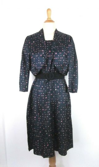 True Vtg 40s 50s Lady Ashton Heart Print Dress & Bolero Jacket Set L 16 1/2