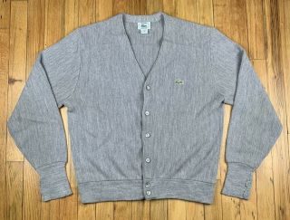 Vtg Izod Lacoste Mens Cardigan Sweater 60s Made In Usa Gray Button Up Medium